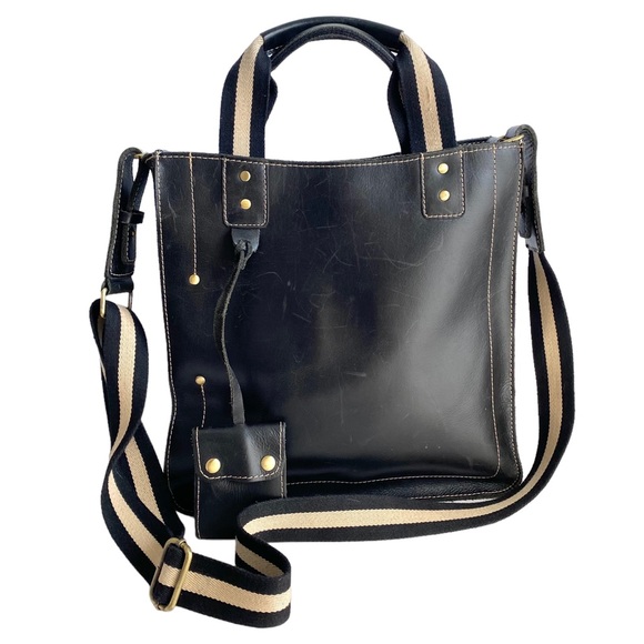 A.P.C. Bags Apc Black Leather Tote Purse Stripe Canvas Strap Work